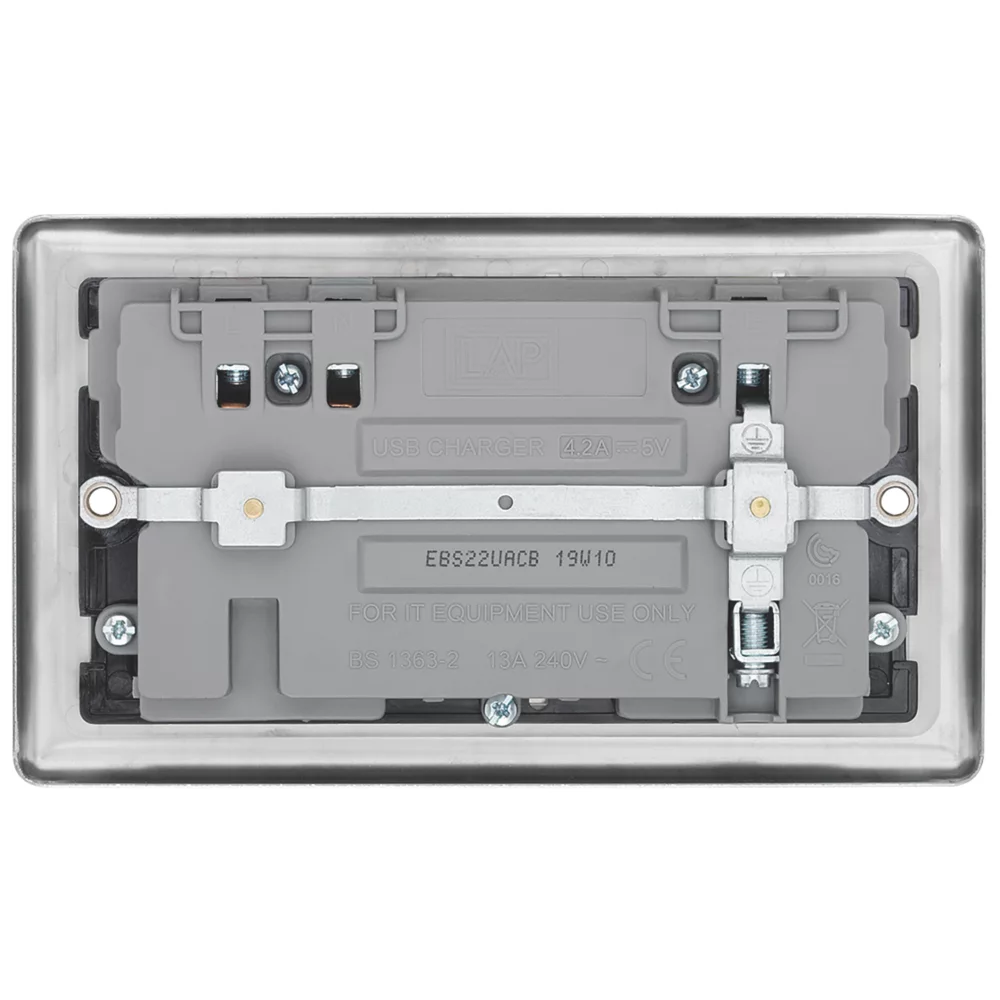 LAP 13A 2-Gang SP Switched Socket + 4.2A 2-Outlet Type A & C USB Charger Brushed Stainless Steel With Black Inserts 6 LAP 13A 2-Gang SP Switched Socket + 4.2A 2-Outlet Type A & C USB Charger Brushed Stainless Steel With Black Inserts - Image 4