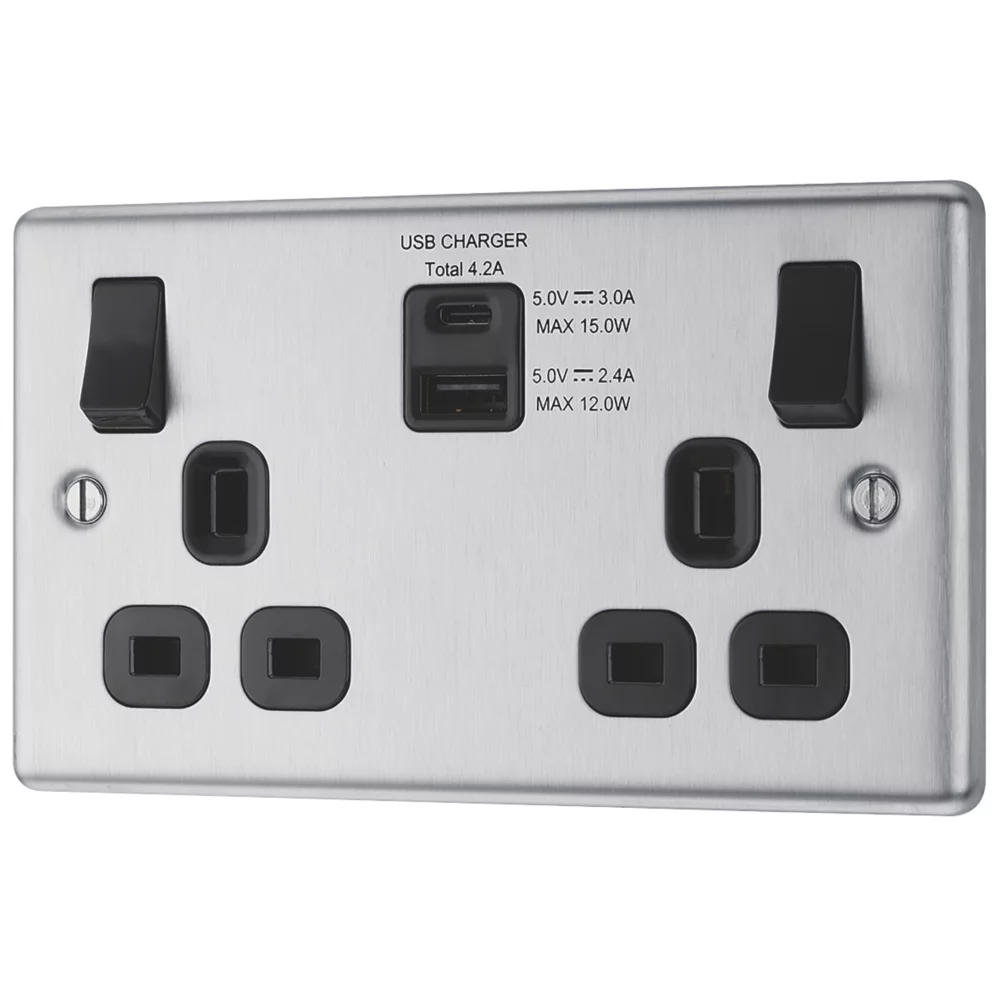 LAP 13A 2-Gang SP Switched Socket + 4.2A 2-Outlet Type A & C USB Charger Brushed Stainless Steel With Black Inserts 3 LAP 13A 2-Gang SP Switched Socket + 4.2A 2-Outlet Type A & C USB Charger Brushed Stainless Steel With Black Inserts