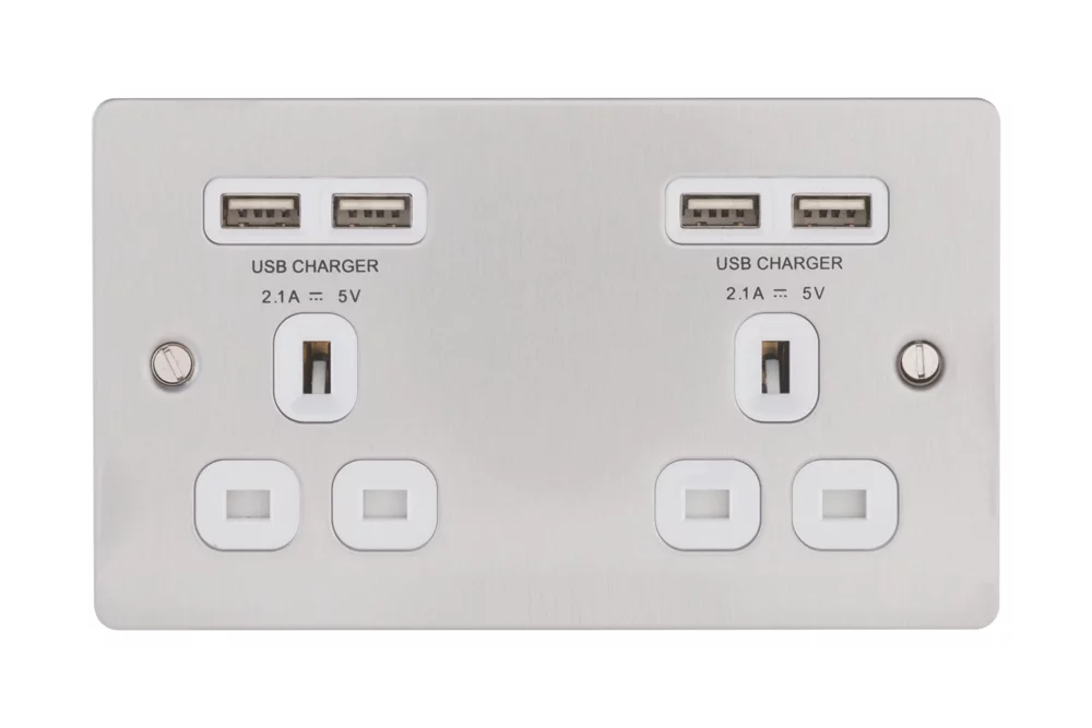 LAP 13A 2-Gang Unswitched Socket + 4.2A 4-Outlet Type A USB Charger Brushed Stainless Steel With White Inserts 4 LAP 13A 2-Gang Unswitched Socket + 4.2A 4-Outlet Type A USB Charger Brushed Stainless Steel With White Inserts - Image 2