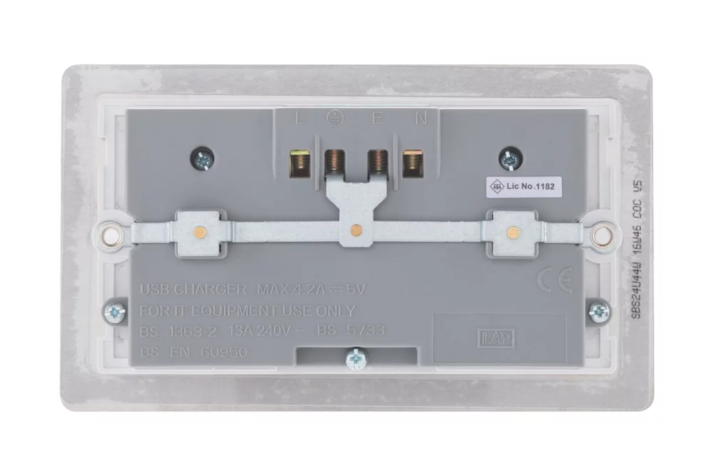 LAP 13A 2-Gang Unswitched Socket + 4.2A 4-Outlet Type A USB Charger Brushed Stainless Steel With White Inserts 6 LAP 13A 2-Gang Unswitched Socket + 4.2A 4-Outlet Type A USB Charger Brushed Stainless Steel With White Inserts - Image 4