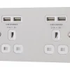 LAP 13A 2-Gang Unswitched Socket + 4.2A 4-Outlet Type A USB Charger Brushed Stainless Steel With White Inserts -British General Shop 6424T P