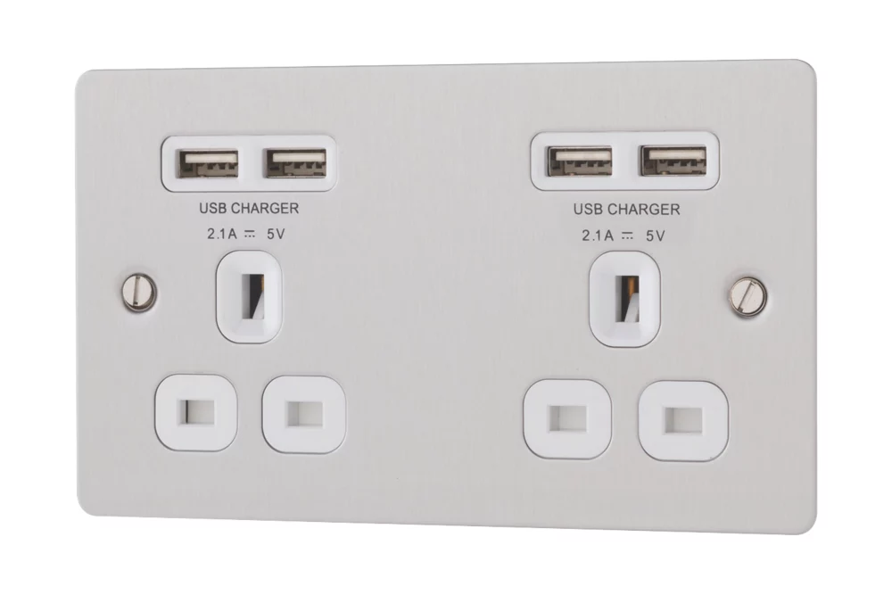 LAP 13A 2-Gang Unswitched Socket + 4.2A 4-Outlet Type A USB Charger Brushed Stainless Steel With White Inserts 3 LAP 13A 2-Gang Unswitched Socket + 4.2A 4-Outlet Type A USB Charger Brushed Stainless Steel With White Inserts