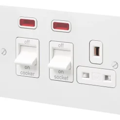 MK Edge 45A 2-Gang DP Cooker Switch & 13A DP Switched Socket White With Neon With Colour-Matched Inserts
