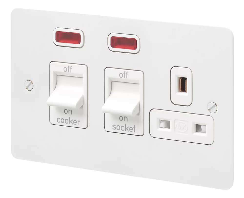 MK Edge 45A 2-Gang DP Cooker Switch & 13A DP Switched Socket White With Neon With Colour-Matched Inserts 3 MK Edge 45A 2-Gang DP Cooker Switch & 13A DP Switched Socket White With Neon With Colour-Matched Inserts