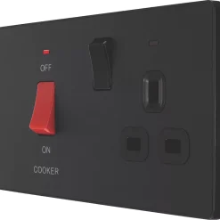 British General Evolve 45A 2-Gang 2-Pole Cooker Switch & 13A DP Switched Socket Matt Black With LED With Black Inserts