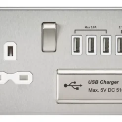 Knightsbridge SFR7USB4BCW 13A 1-Gang SP Switched Socket + 5.1A 4-Outlet Type A USB Charger Brushed Chrome With White Inserts