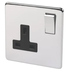 Crabtree Platinum 13A 1-Gang DP Switched Plug Socket Polished Chrome With Black Inserts