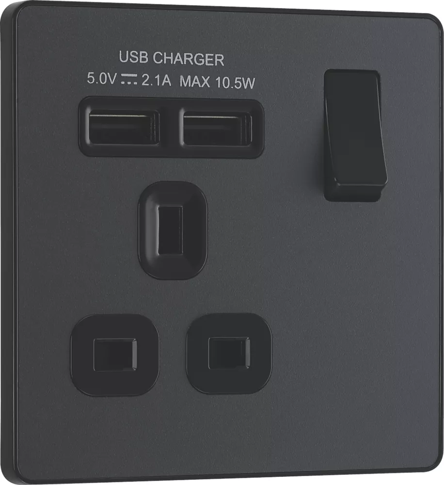 British General Evolve 13A 1-Gang SP Switched Socket + 2.1A 2-Outlet Type A USB Charger Grey With Black Inserts 4 British General Evolve 13A 1-Gang SP Switched Socket + 2.1A 2-Outlet Type A USB Charger Grey With Black Inserts - Image 2