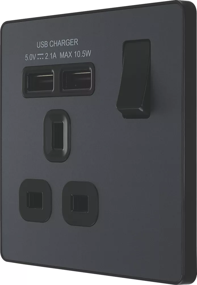 British General Evolve 13A 1-Gang SP Switched Socket + 2.1A 2-Outlet Type A USB Charger Grey With Black Inserts 3 British General Evolve 13A 1-Gang SP Switched Socket + 2.1A 2-Outlet Type A USB Charger Grey With Black Inserts