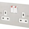 MK Edge 13A 2-Gang DP Switched Plug Socket Brushed Stainless Steel With Neon With White Inserts -British General Shop 650FF P