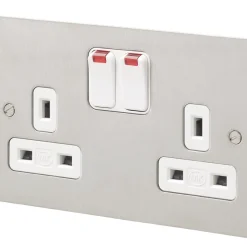 MK Edge 13A 2-Gang DP Switched Plug Socket Brushed Stainless Steel With Neon With White Inserts