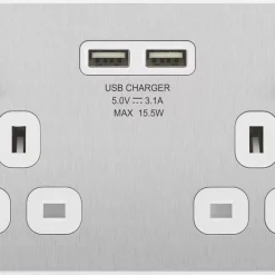 British General Evolve 13A 2-Gang SP Switched Socket + 3.1A 2-Outlet Type A USB Charger Brushed Steel With White Inserts -British General Shop 652RF A2