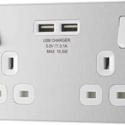 British General Evolve 13A 2-Gang SP Switched Socket + 3.1A 2-Outlet Type A USB Charger Brushed Steel With White Inserts -British General Shop 652RF A3