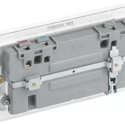 British General Evolve 13A 2-Gang SP Switched Socket + 3.1A 2-Outlet Type A USB Charger Brushed Steel With White Inserts -British General Shop 652RF A4