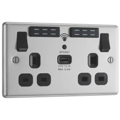 LAP 13A 2-Gang SP Switched Wi-Fi Extender + 2.1A 1-Outlet Type A USB Charger Brushed Steel With Black Inserts -British General Shop 658FV A1