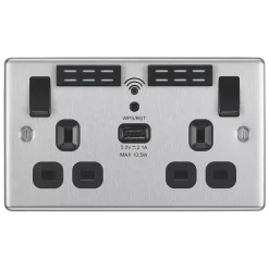 LAP 13A 2-Gang SP Switched Wi-Fi Extender + 2.1A 1-Outlet Type A USB Charger Brushed Steel With Black Inserts -British General Shop 658FV A2