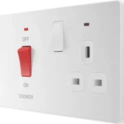 British General Evolve 45A 2-Gang 2-Pole Cooker Switch & 13A DP Switched Socket Pearlescent White With LED With White Inserts
