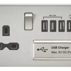 Knightsbridge SFR7USB4BC 13A 1-Gang SP Switched Socket + 5.1A 4-Outlet Type A USB Charger Brushed Chrome With Black Inserts