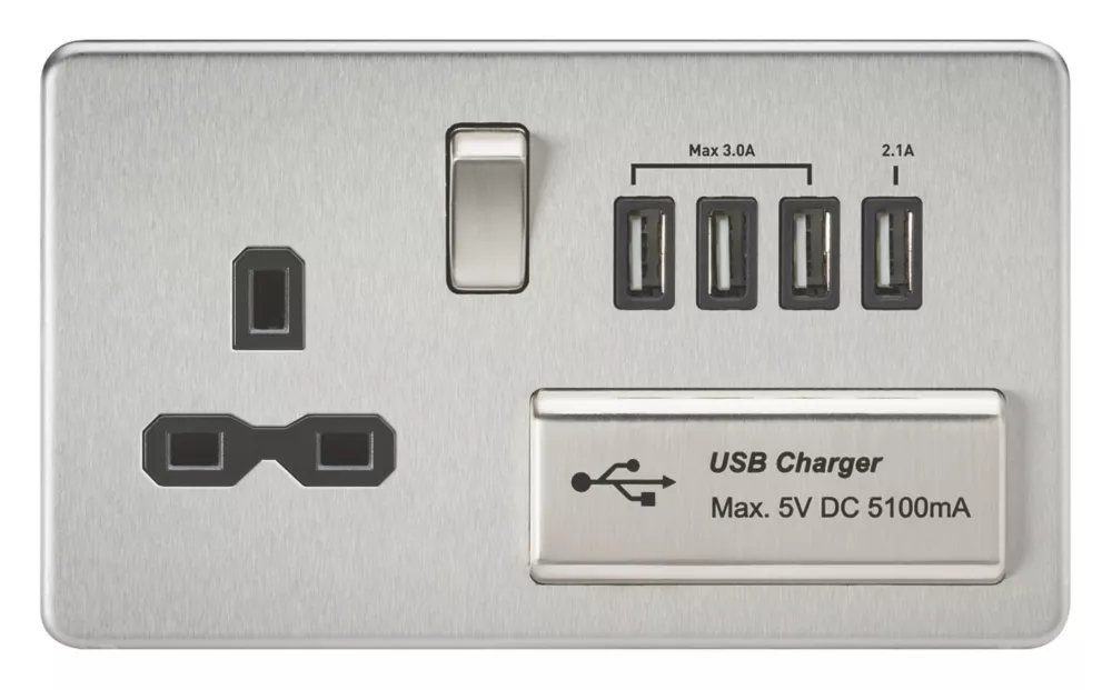 Knightsbridge SFR7USB4BC 13A 1-Gang SP Switched Socket + 5.1A 4-Outlet Type A USB Charger Brushed Chrome With Black Inserts 3 Knightsbridge SFR7USB4BC 13A 1-Gang SP Switched Socket + 5.1A 4-Outlet Type A USB Charger Brushed Chrome With Black Inserts