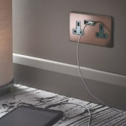 Varilight 13AX 2-Gang Unswitched Socket + 2.1A 2-Outlet Type A USB Charger Mocha With Black Inserts -British General Shop 6683F A3