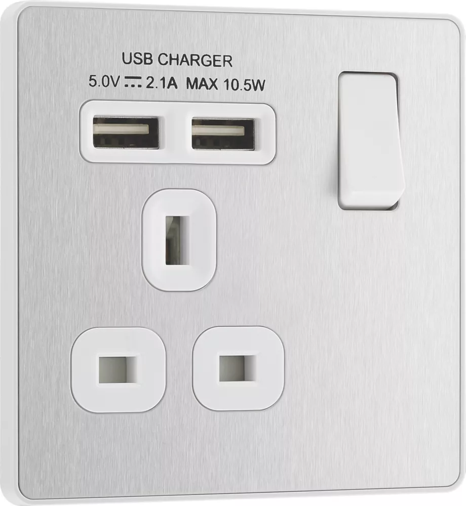 British General Evolve 13A 1-Gang SP Switched Socket + 2.1A 2-Outlet Type A USB Charger Brushed Steel With White Inserts 4 British General Evolve 13A 1-Gang SP Switched Socket + 2.1A 2-Outlet Type A USB Charger Brushed Steel With White Inserts - Image 2