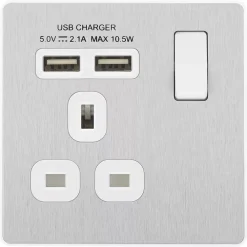 British General Evolve 13A 1-Gang SP Switched Socket + 2.1A 2-Outlet Type A USB Charger Brushed Steel With White Inserts 11 British General Evolve 13A 1-Gang SP Switched Socket + 2.1A 2-Outlet Type A USB Charger Brushed Steel With White Inserts -British General Shop 669RF A2