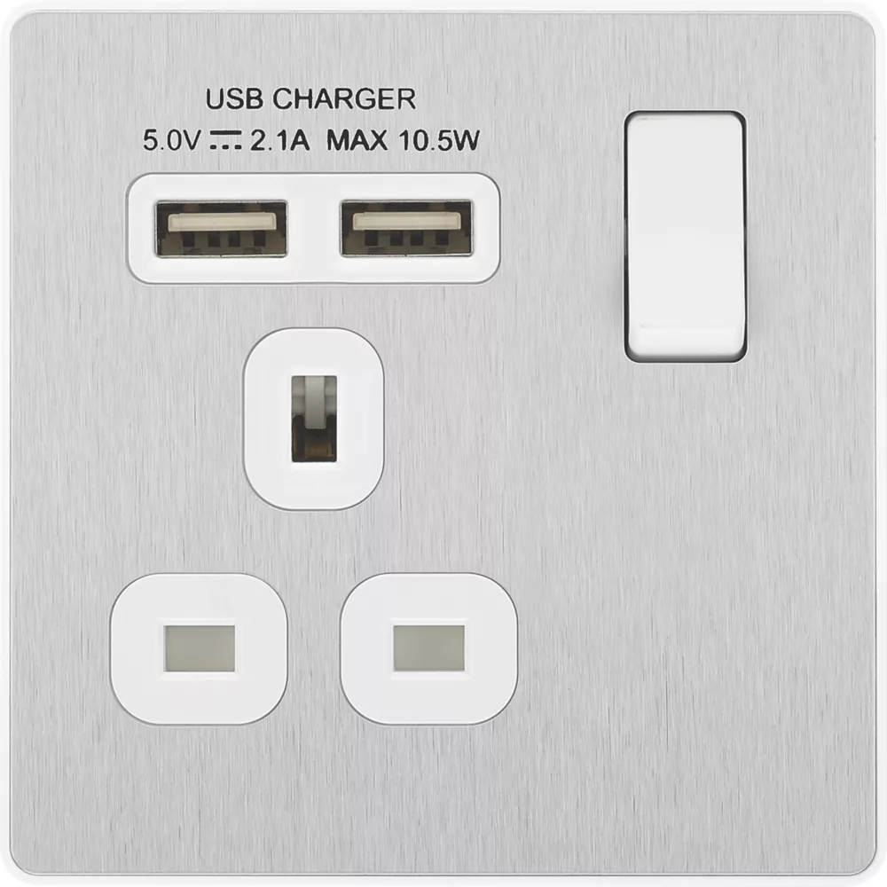 British General Evolve 13A 1-Gang SP Switched Socket + 2.1A 2-Outlet Type A USB Charger Brushed Steel With White Inserts 5 British General Evolve 13A 1-Gang SP Switched Socket + 2.1A 2-Outlet Type A USB Charger Brushed Steel With White Inserts - Image 3