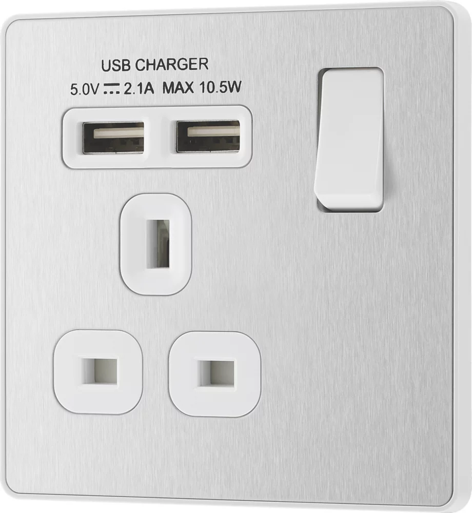 British General Evolve 13A 1-Gang SP Switched Socket + 2.1A 2-Outlet Type A USB Charger Brushed Steel With White Inserts 6 British General Evolve 13A 1-Gang SP Switched Socket + 2.1A 2-Outlet Type A USB Charger Brushed Steel With White Inserts - Image 4