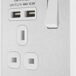 British General Evolve 13A 1-Gang SP Switched Socket + 2.1A 2-Outlet Type A USB Charger Brushed Steel With White Inserts