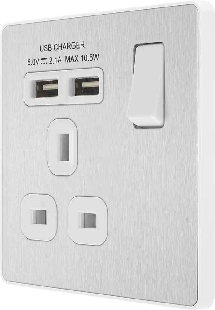British General Evolve 13A 1-Gang SP Switched Socket + 2.1A 2-Outlet Type A USB Charger Brushed Steel With White Inserts 3 British General Evolve 13A 1-Gang SP Switched Socket + 2.1A 2-Outlet Type A USB Charger Brushed Steel With White Inserts