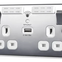 British General Nexus Metal 13A 2-Gang SP Switched Wi-Fi Extender Socket + 2.1A 1-Outlet Type A USB Charger Polished Chrome With White Inserts