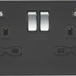 Knightsbridge SFR9224MB 13A 2-Gang SP Switched Socket + 2.4A 2-Outlet Type A USB Charger Matt Black With Black Inserts