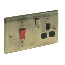 British General Nexus Metal 45A 2-Gang DP Cooker Switch & 13A DP Switched Socket Antique Brass With LED With Black Inserts -British General Shop 67924 A2