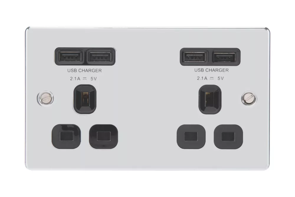 LAP 13A 2-Gang Unswitched Socket + 4.2A 4-Outlet Type A USB Charger Polished Chrome With Black Inserts 4 LAP 13A 2-Gang Unswitched Socket + 4.2A 4-Outlet Type A USB Charger Polished Chrome With Black Inserts - Image 2