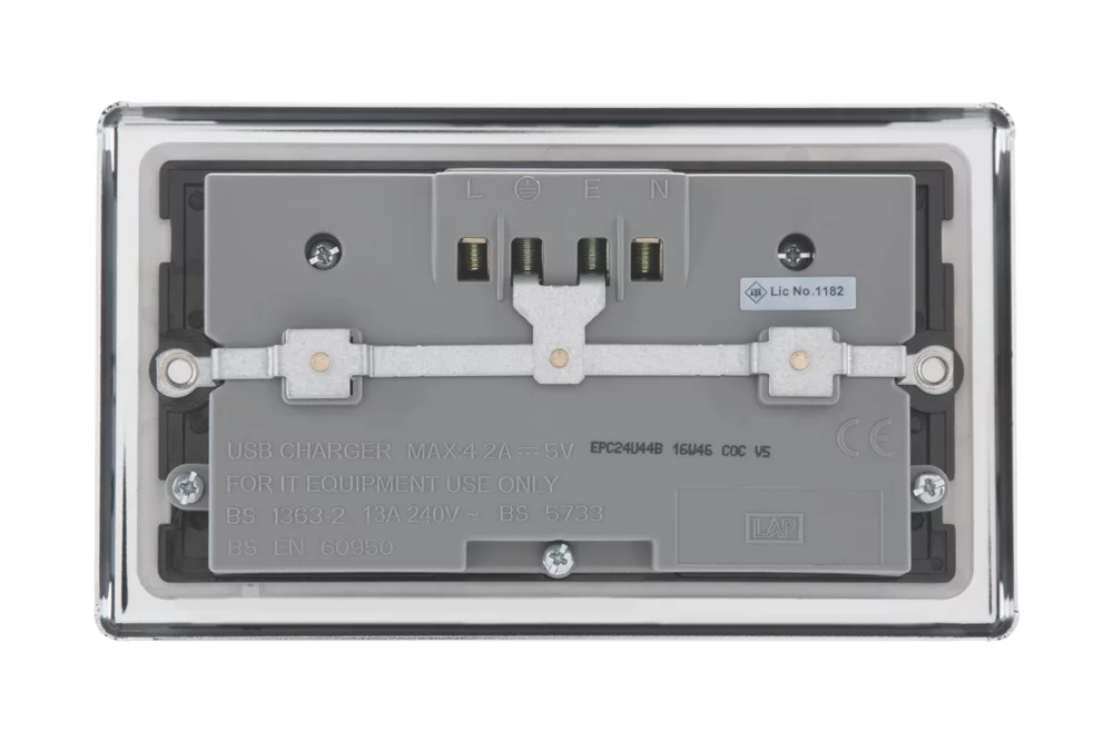 LAP 13A 2-Gang Unswitched Socket + 4.2A 4-Outlet Type A USB Charger Polished Chrome With Black Inserts 6 LAP 13A 2-Gang Unswitched Socket + 4.2A 4-Outlet Type A USB Charger Polished Chrome With Black Inserts - Image 4