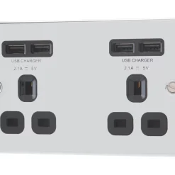 LAP 13A 2-Gang Unswitched Socket + 4.2A 4-Outlet Type A USB Charger Polished Chrome With Black Inserts