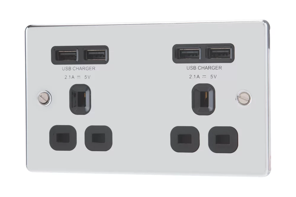LAP 13A 2-Gang Unswitched Socket + 4.2A 4-Outlet Type A USB Charger Polished Chrome With Black Inserts 3 LAP 13A 2-Gang Unswitched Socket + 4.2A 4-Outlet Type A USB Charger Polished Chrome With Black Inserts