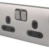 Schneider Electric Lisse Deco 13A 2-Gang SP Switched Plug Socket Brushed Stainless Steel With Black Inserts -British General Shop 681CC P