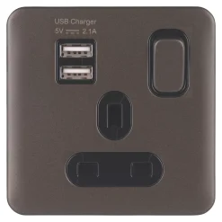 Schneider Electric Lisse Deco 13A 1-Gang SP Switched Socket + 2.1A 2-Outlet Type A USB Charger Mocha Bronze With Black Inserts -British General Shop 681FF A1