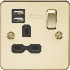 Knightsbridge FPR9124PB 13A 1-Gang SP Switched Socket + 2.4A 2-Outlet Type A USB Charger Polished Brass With Black Inserts