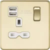 Knightsbridge SFR9124PBW 13A 1-Gang SP Switched Socket + 2.4A 2-Outlet Type A USB Charger Polished Brass With White Inserts -British General Shop 683TY P