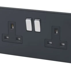 Varilight 13AX 2-Gang DP Switched Plug Socket Jet Black With Black Inserts