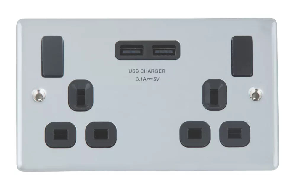 LAP 13A 2-Gang SP Switched Socket + 3.1A 2-Outlet Type A USB Charger Polished Chrome With Black Inserts 4 LAP 13A 2-Gang SP Switched Socket + 3.1A 2-Outlet Type A USB Charger Polished Chrome With Black Inserts - Image 2