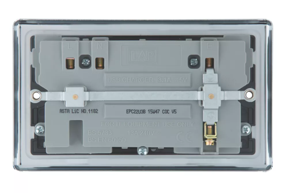 LAP 13A 2-Gang SP Switched Socket + 3.1A 2-Outlet Type A USB Charger Polished Chrome With Black Inserts 5 LAP 13A 2-Gang SP Switched Socket + 3.1A 2-Outlet Type A USB Charger Polished Chrome With Black Inserts - Image 3