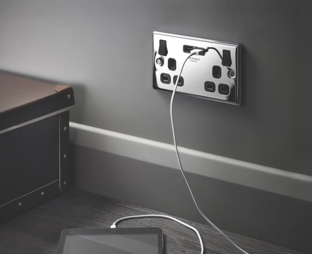 LAP 13A 2-Gang SP Switched Socket + 3.1A 2-Outlet Type A USB Charger Polished Chrome With Black Inserts 7 LAP 13A 2-Gang SP Switched Socket + 3.1A 2-Outlet Type A USB Charger Polished Chrome With Black Inserts - Image 5