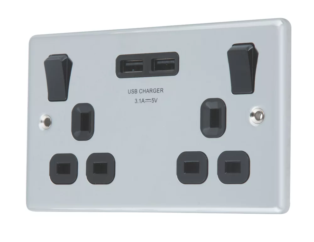 LAP 13A 2-Gang SP Switched Socket + 3.1A 2-Outlet Type A USB Charger Polished Chrome With Black Inserts 3 LAP 13A 2-Gang SP Switched Socket + 3.1A 2-Outlet Type A USB Charger Polished Chrome With Black Inserts
