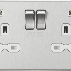 Knightsbridge FPR9904NBCW 13A 2-Gang SP Switched Socket + 2.4A 2-Outlet Type A USB Charger Brushed Chrome With White Inserts