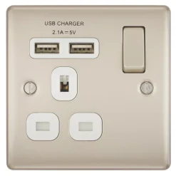 British General Nexus Metal 13A 1-Gang SP Switched Socket + 2.1A 2-Outlet Type A USB Charger Pearl Nickel With White Inserts -British General Shop 6911F A2