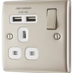 British General Nexus Metal 13A 1-Gang SP Switched Socket + 2.1A 2-Outlet Type A USB Charger Pearl Nickel With White Inserts -British General Shop 6911F A3