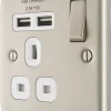 British General Nexus Metal 13A 1-Gang SP Switched Socket + 2.1A 2-Outlet Type A USB Charger Pearl Nickel With White Inserts -British General Shop 6911F P